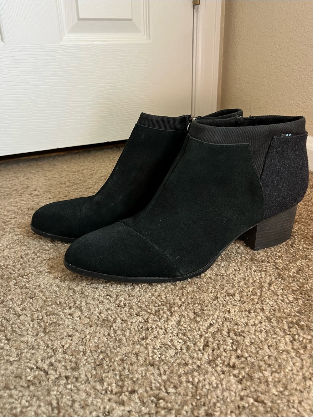 Toms Black Suede Ankle Booties with Low Block Heel